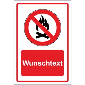 Aufkleber Verbotszeichen Entzünden von Feuern nicht gestattet rot mit WUNSCHTEXT · stark haftend