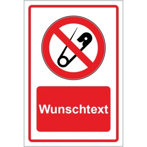 Schild Verbotszeichen Keine Nadeln - Spitze Gegenstände rot mit WUNSCHTEXT · selbstklebend