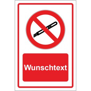 Aufkleber Verbotszeichen Benutzen von Cuttern verboten rot mit WUNSCHTEXT