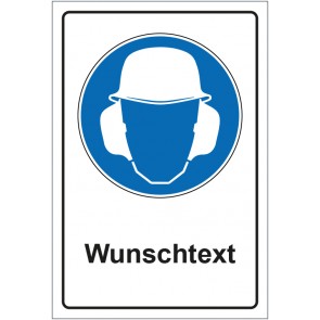Aufkleber Gebotszeichen Gehör- und Kopfschutz benutzen mit WUNSCHTEXT