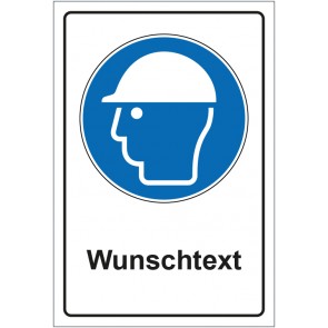 Schild Gebotszeichen Kopfschutz benutzen mit WUNSCHTEXT
