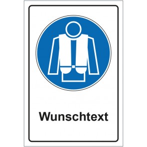 Aufkleber Gebotszeichen Rettungsweste benutzen mit WUNSCHTEXT