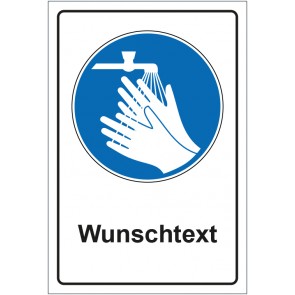 Aufkleber Gebotszeichen Hände waschen mit WUNSCHTEXT · stark haftend