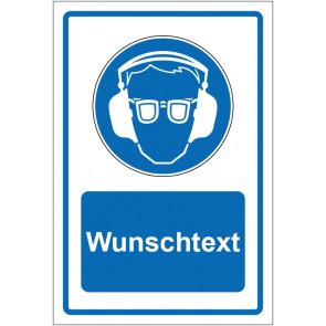 Schild Gebotszeichen Gehör- und Augenschutz benutzen blau mit WUNSCHTEXT · selbstklebend