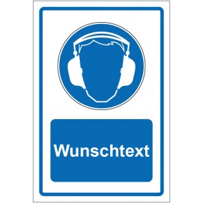 Schild Gebotszeichen Gehörschutz benutzen blau mit WUNSCHTEXT · selbstklebend