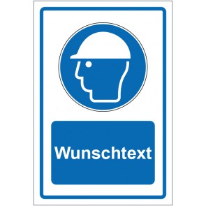 Aufkleber Gebotszeichen Kopfschutz benutzen blau mit WUNSCHTEXT · stark haftend