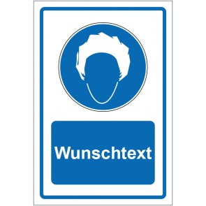 Schild Gebotszeichen Kopfhaube benutzen blau mit WUNSCHTEXT · selbstklebend