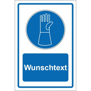 Schild Gebotszeichen Schutzhandschuhe mit Pulsschutz benutzen blau mit WUNSCHTEXT
