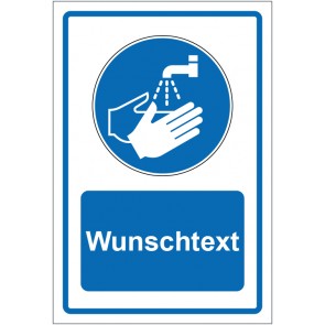 Schild Gebotszeichen Hände waschen blau mit WUNSCHTEXT