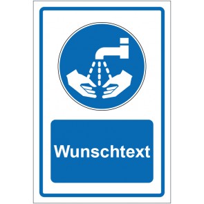 Schild Gebotszeichen Hände waschen blau mit WUNSCHTEXT