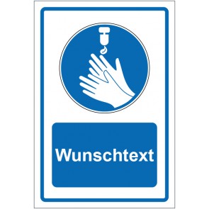 Schild Gebotszeichen Hände desinfizieren blau mit WUNSCHTEXT · selbstklebend
