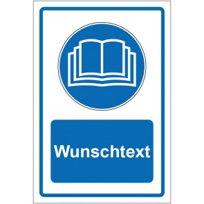 Aufkleber Gebotszeichen Handbuch lesen blau mit WUNSCHTEXT · stark haftend