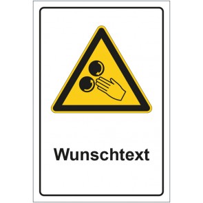 Schild Warnzeichen Warnung vor Verletzungsgefahr durch Einzug mit WUNSCHTEXT