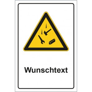 Schild Warnzeichen Warnung vor herabfallenden Gegenständen mit WUNSCHTEXT · selbstklebend