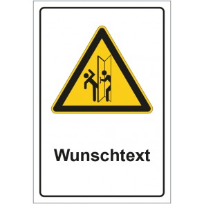 Schild Warnzeichen Warnung vor Verletzungsgefahr im Schwenkbereich von Türen mit WUNSCHTEXT