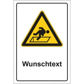 Schild Warnzeichen Warnung vor Absturzgefahr durch Luken im Boden mit WUNSCHTEXT