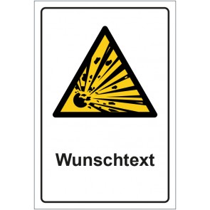 Schild Warnzeichen Warnung vor explosionsgefährlichen Stoffen · ISO_7010_W002 mit WUNSCHTEXT