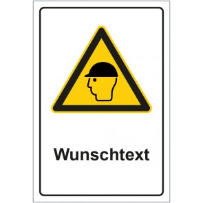 Aufkleber Warnzeichen Hinweiszeichen Achtung, Kopfschutz tragen mit WUNSCHTEXT