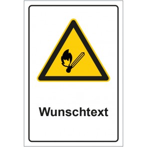 Schild Warnzeichen Hinweiszeichen Achtung, keine offene Flamme mit WUNSCHTEXT