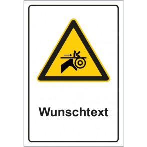 Schild Warnzeichen Warnung vor Handverletzung durch Riemenantrieb mit WUNSCHTEXT