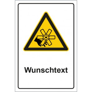 Schild Warnzeichen Warnung vor Handverletzung durch rotierendes Lüfterrad mit WUNSCHTEXT · selbstklebend