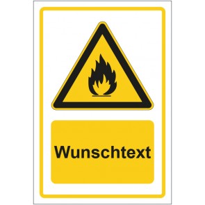 Schild Warnzeichen Warnung vor feuergefährlichen Stoffen gelb mit WUNSCHTEXT
