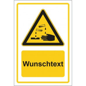 Aufkleber Warnzeichen Warnung vor ätzenden Stoffen gelb mit WUNSCHTEXT