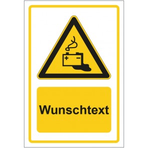 Aufkleber Warnzeichen Warnung vor Gefahr durch das Aufladen von Batterien gelb mit WUNSCHTEXT