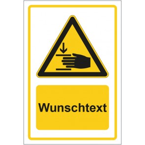 Schild Warnzeichen Warnung vor Handverletzungen gelb mit WUNSCHTEXT · selbstklebend