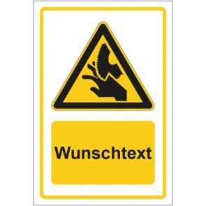 Schild Warnzeichen Warnung vor Handverletzungen - Schnittverletzungen gelb mit WUNSCHTEXT · selbstklebend