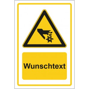 Aufkleber Warnzeichen Warnung vor Handverletzungen durch rotierendes Werkzeug gelb mit WUNSCHTEXT