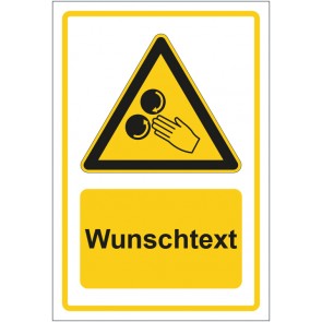 Schild Warnzeichen Warnung vor Verletzungsgefahr durch Einzug gelb mit WUNSCHTEXT · selbstklebend