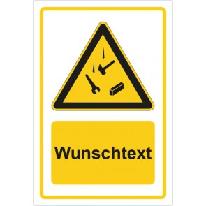 Schild Warnzeichen Warnung vor herabfallenden Gegenständen gelb mit WUNSCHTEXT · selbstklebend