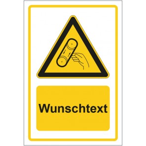 Schild Warnzeichen Warnung vor Bandeinzug gelb mit WUNSCHTEXT