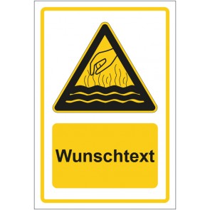 Schild Warnzeichen Warnung vor heißen Medien gelb mit WUNSCHTEXT · selbstklebend