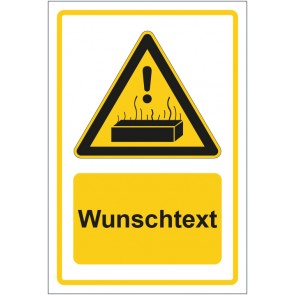 Schild Warnzeichen Warnung vor heißer Oberfläche gelb mit WUNSCHTEXT · selbstklebend