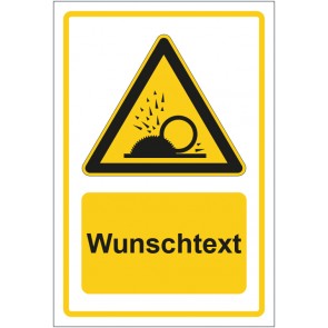 Aufkleber Warnzeichen Warnung vor wegfliegende Späne gelb mit WUNSCHTEXT · stark haftend