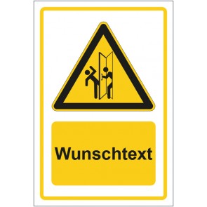 Aufkleber Warnzeichen Warnung vor Verletzungsgefahr im Schwenkbereich von Türen gelb mit WUNSCHTEXT