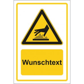 Aufkleber Warnzeichen Warnung vor heißer Oberfläche gelb mit WUNSCHTEXT · stark haftend