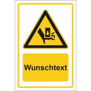 Schild Warnzeichen Warnung vor Handverletzungen - Quetschgefahr durch Einpresswerkzeug gelb mit WUNSCHTEXT · selbstklebend