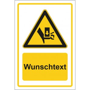 Schild Warnzeichen Warnung vor Handverletzungen - Quetschgefahr durch Einpresswerkzeug gelb mit WUNSCHTEXT