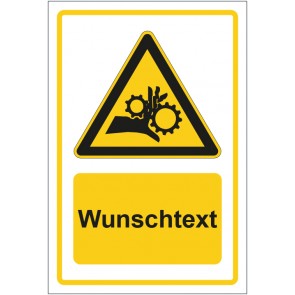 Aufkleber Warnzeichen Warnung vor Einzugsgefahr - Quetschgefahr gelb mit WUNSCHTEXT · stark haftend