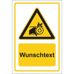 Schild Warnzeichen Warnung vor Einzugsgefahr durch Riemenantrieb gelb mit WUNSCHTEXT · selbstklebend