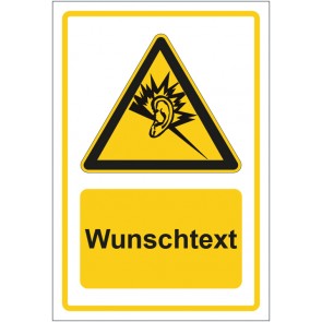 Schild Warnzeichen Warnung vor Gehörschäden gelb mit WUNSCHTEXT · selbstklebend