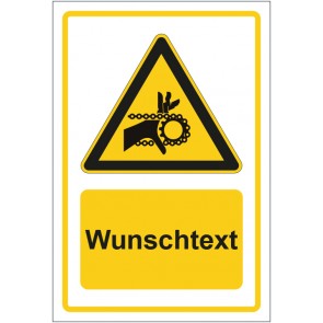 Schild Warnzeichen Warnung vor Handverletzung gelb mit WUNSCHTEXT