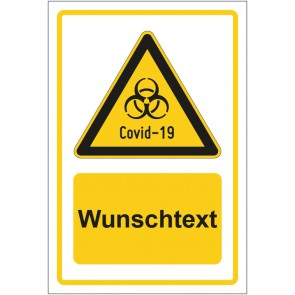 Aufkleber Warnzeichen Warnung vor Covid-19 gelb mit WUNSCHTEXT · stark haftend