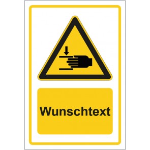 Schild Warnzeichen Warnung vor Handverletzungen - neu gelb mit WUNSCHTEXT