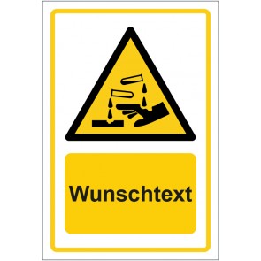 Schild Warnzeichen Warnung vor ätzenden Stoffen · ISO_7010_W023 gelb mit WUNSCHTEXT · selbstklebend