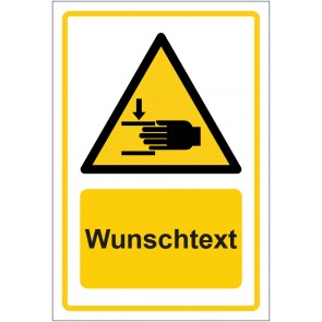 Schild Warnzeichen Warnung vor Handverletzungen · ISO_7010_W024 gelb mit WUNSCHTEXT · selbstklebend