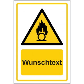 Schild Warnzeichen Warnung vor brandfördernd­en Stoffen · ISO_7010_W028 gelb mit WUNSCHTEXT · selbstklebend